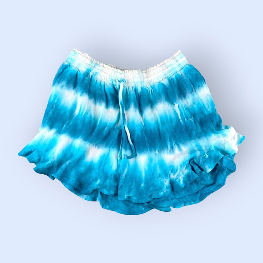 Shore Brand Shorts Women's Large Blue White Tie Dye Ruffle Hem USA made $138 NWT